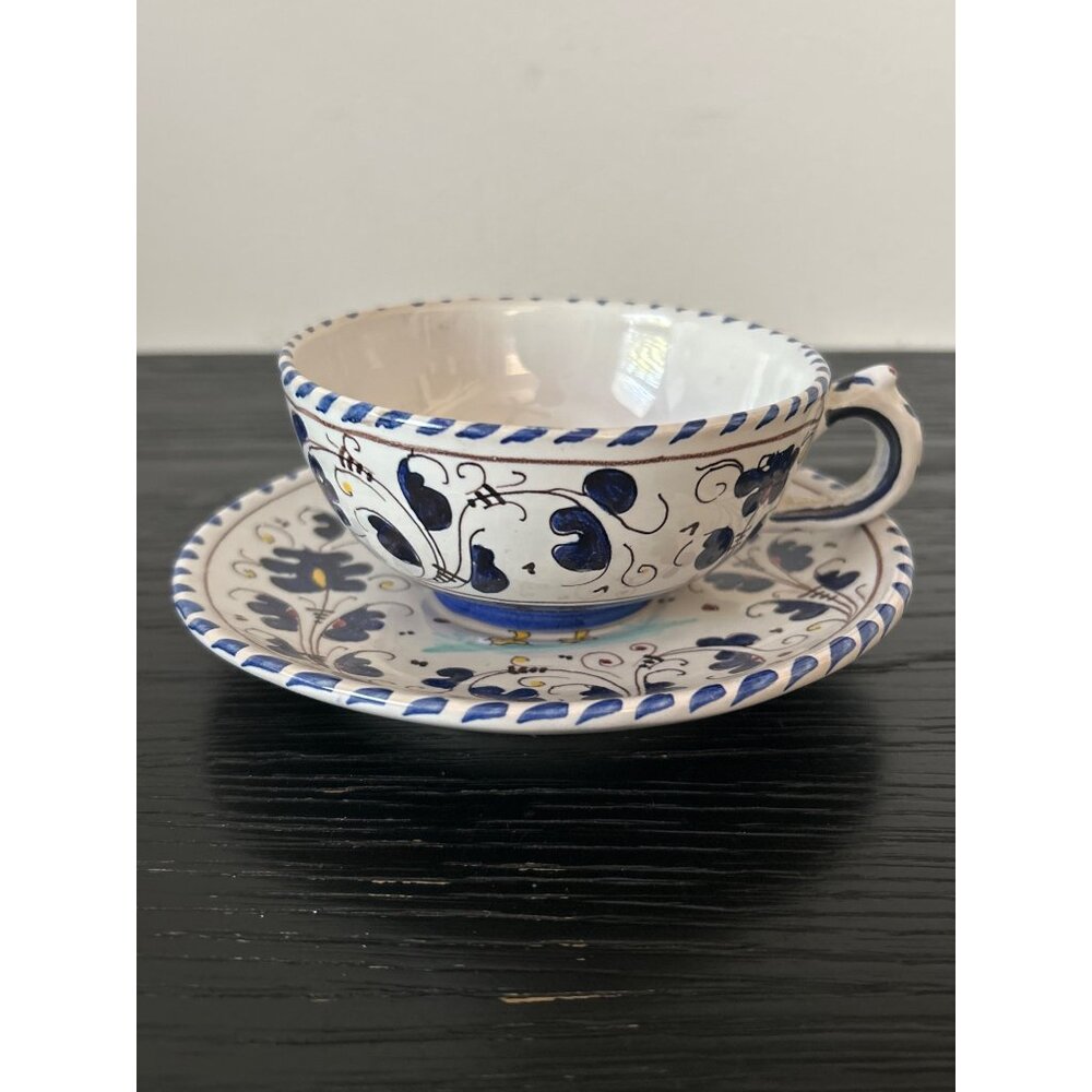 Italian Hand-Painted Ceramic Cup & Saucer Set Rooster Center Blue/White Decor